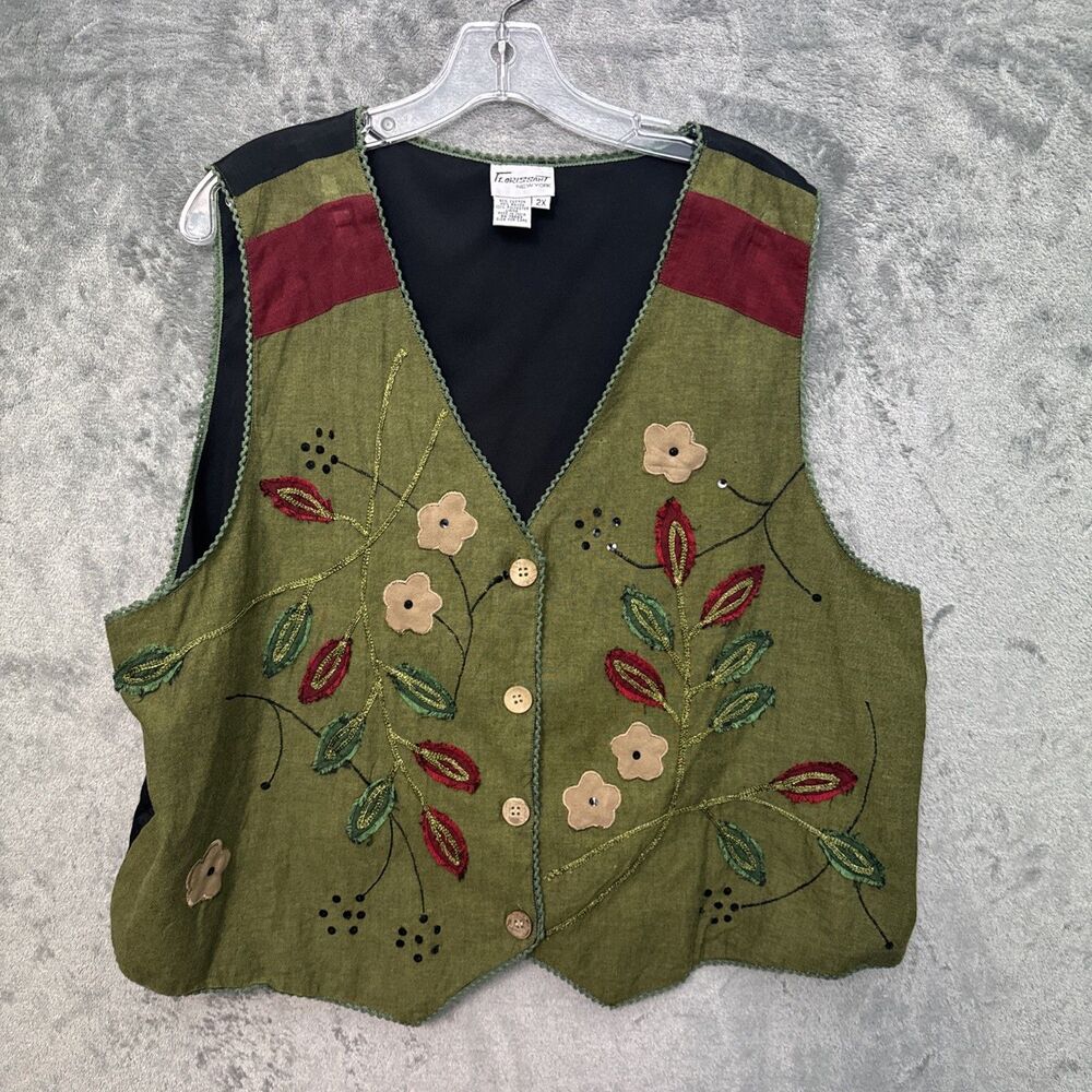Florissant New York Green Embroidered Vest floral 2X button cotton rayon